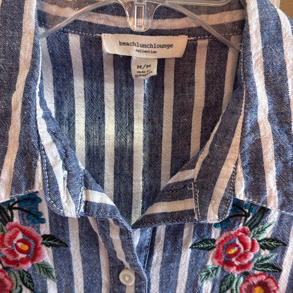 Beach Lunch Lounge stripe floral sleeveless collar dress summer button up resort - Picture 2 of 8